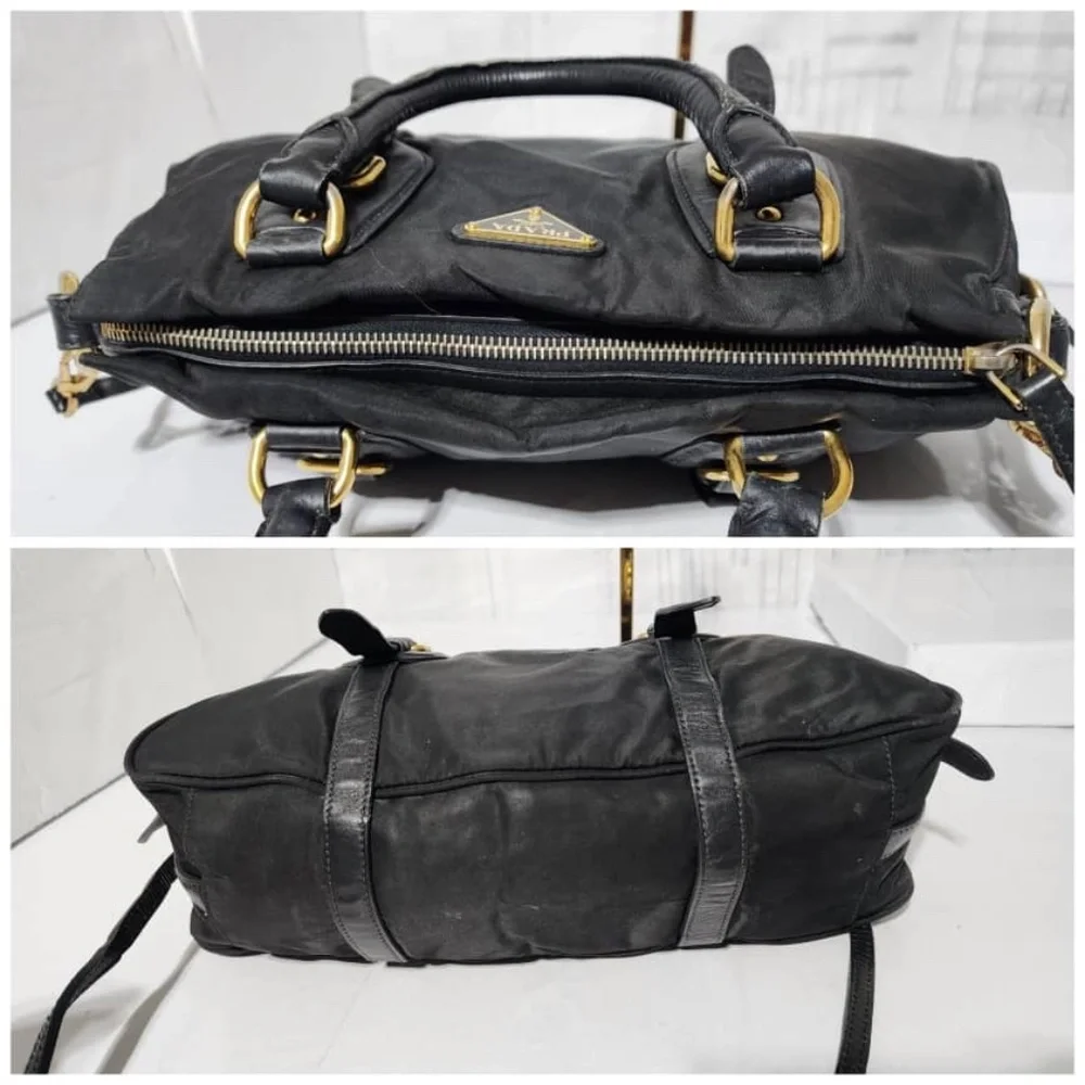 Authentic PRADA Tessuto Nylon And Leather Bauletto Bag Black
